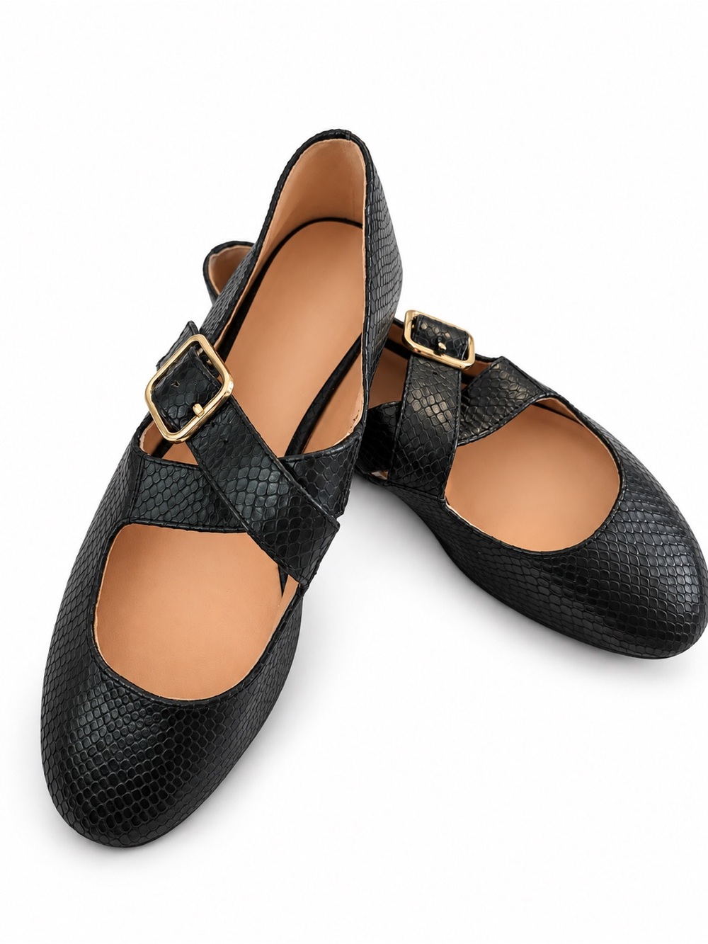 J. Crew Black Textured Mary Jane Flats with Gold Buckles